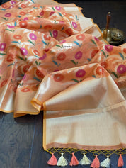 Kora Cotton Silk Saree - Tangerine Meenakari