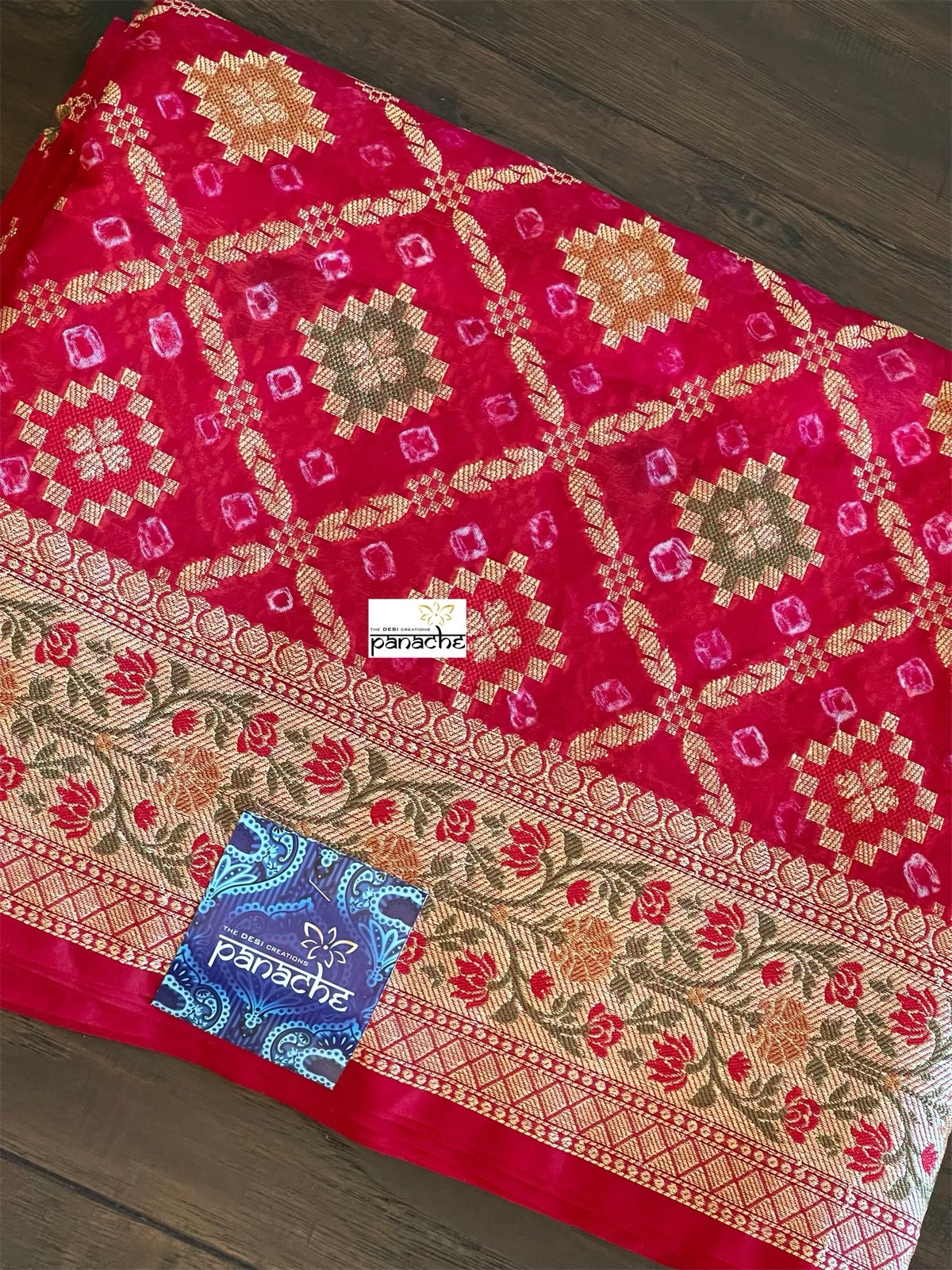 Silk Cotton Bandhani Banaras Chanderi - Red Pink