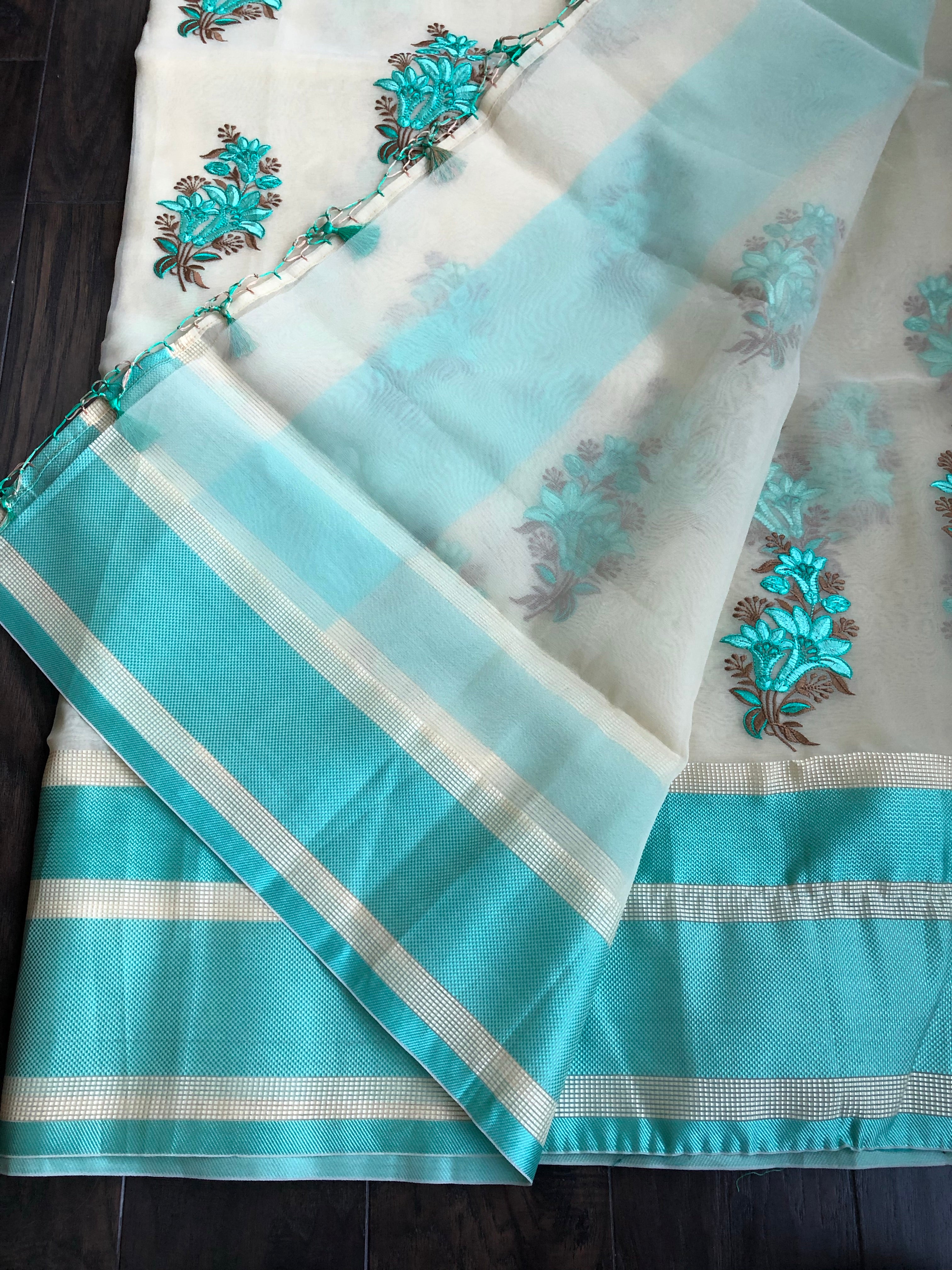 Kora Silk Embroidered - Beige Sea Green