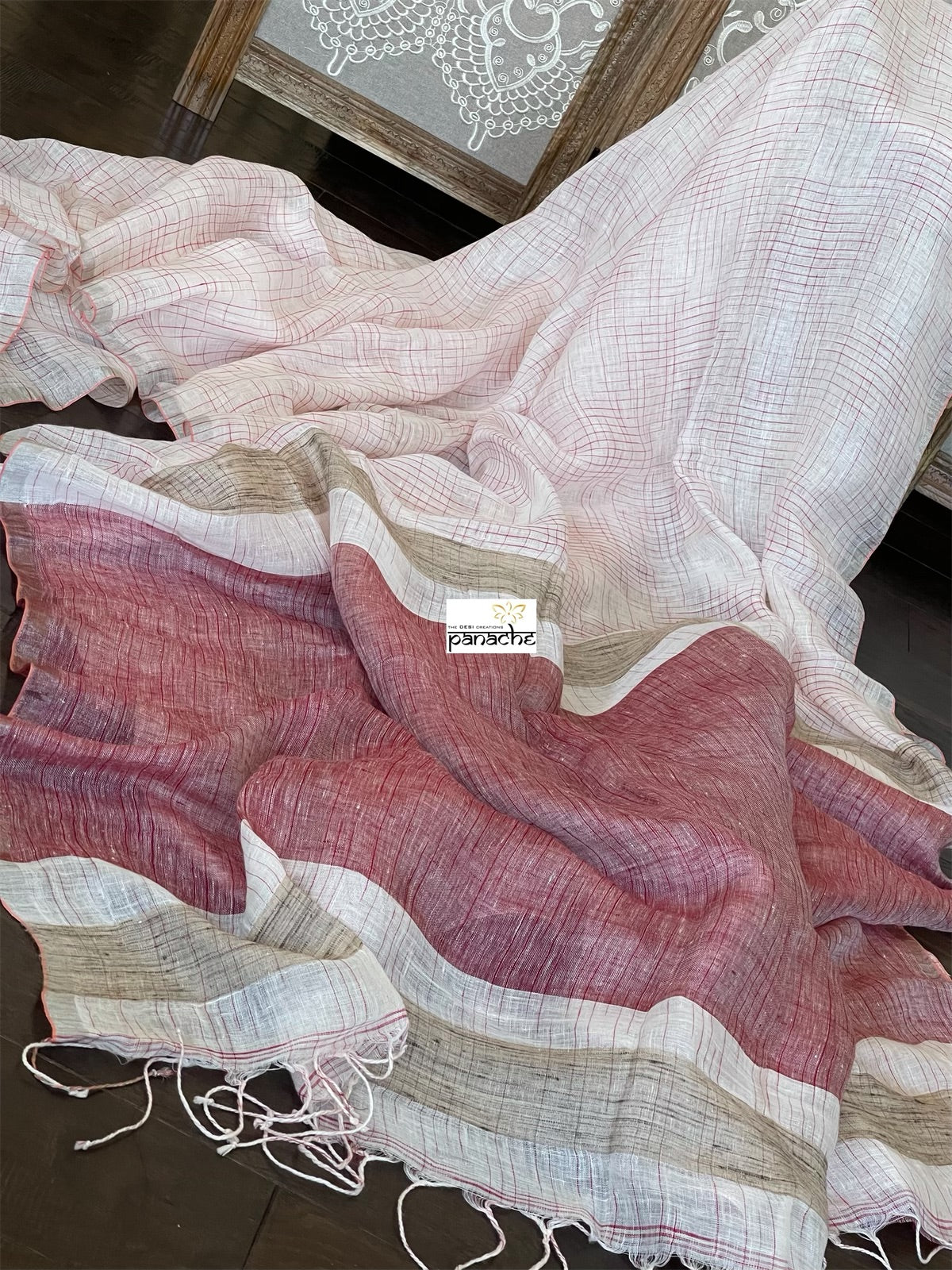 Linen Handloom - Off White Maroon Silver Zari
