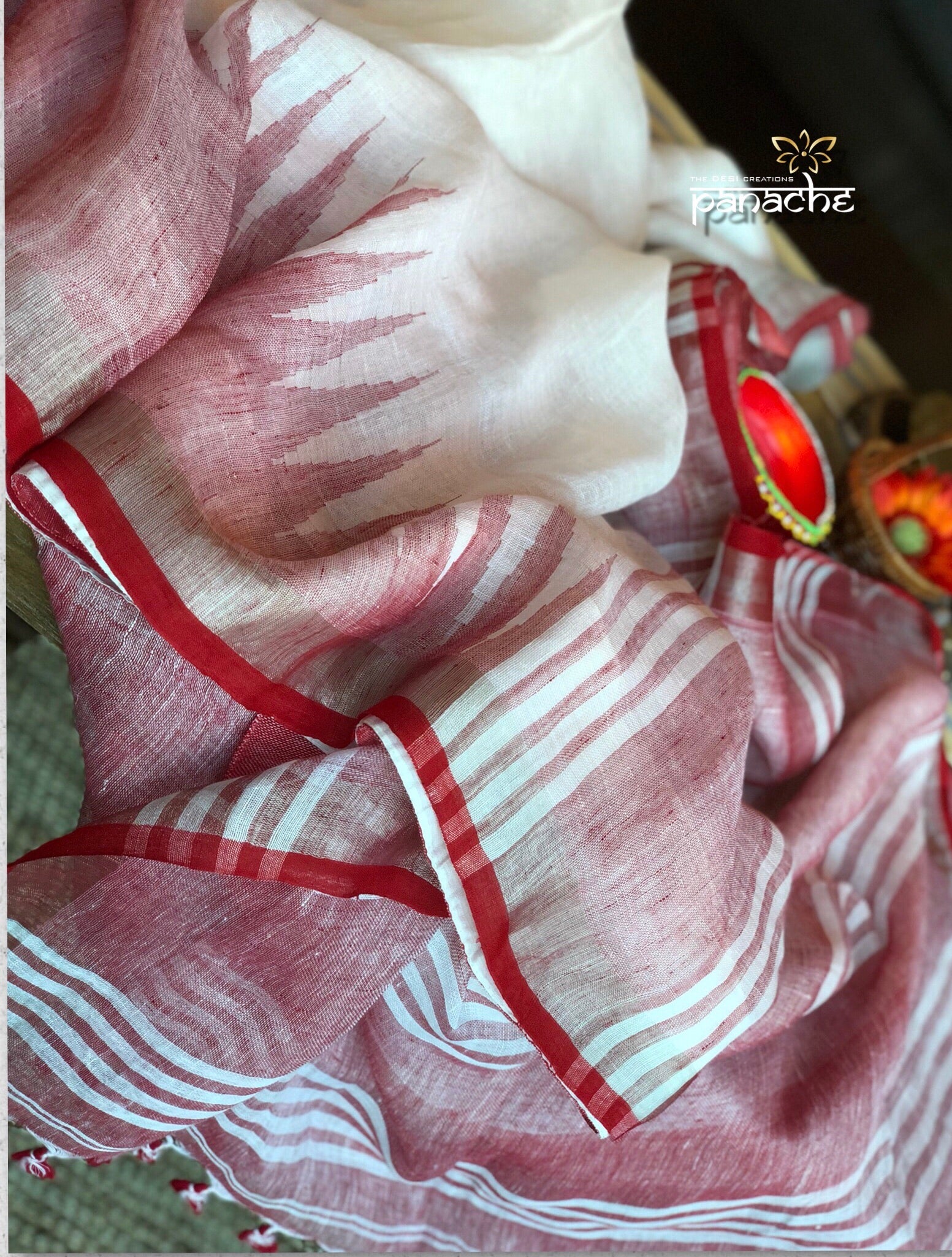Pure Linen Handloom - White Red Temple