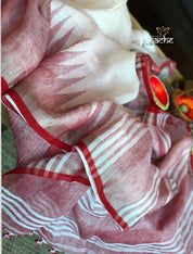 Pure Linen Handloom - White Red Temple