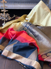 Pure Silk Kanjivaram - Ochre Golden Yellow Red Black