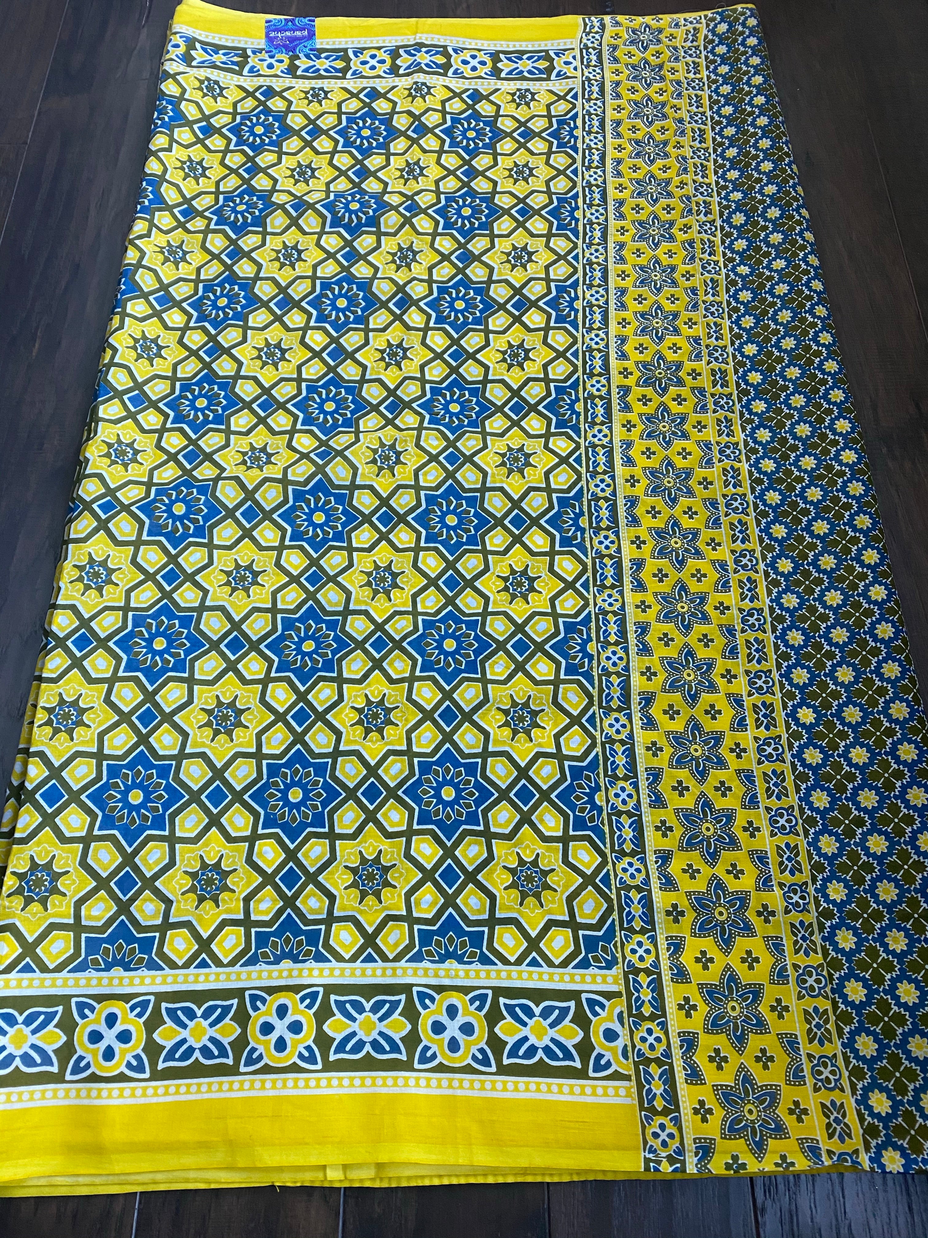 Soft Cotton Ajrakh Saree - Yellow Blue Printed