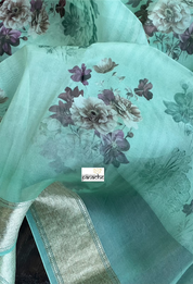 Banarasi Organza Floral - Mint Antique Golden Zari