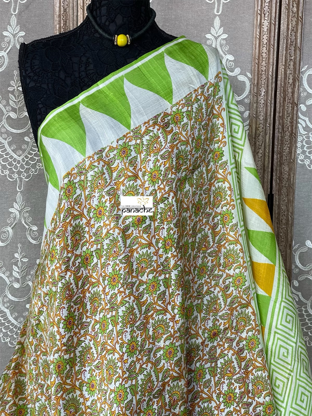 Pure Murshidabad Silk - Light Green White Temple Border Printed