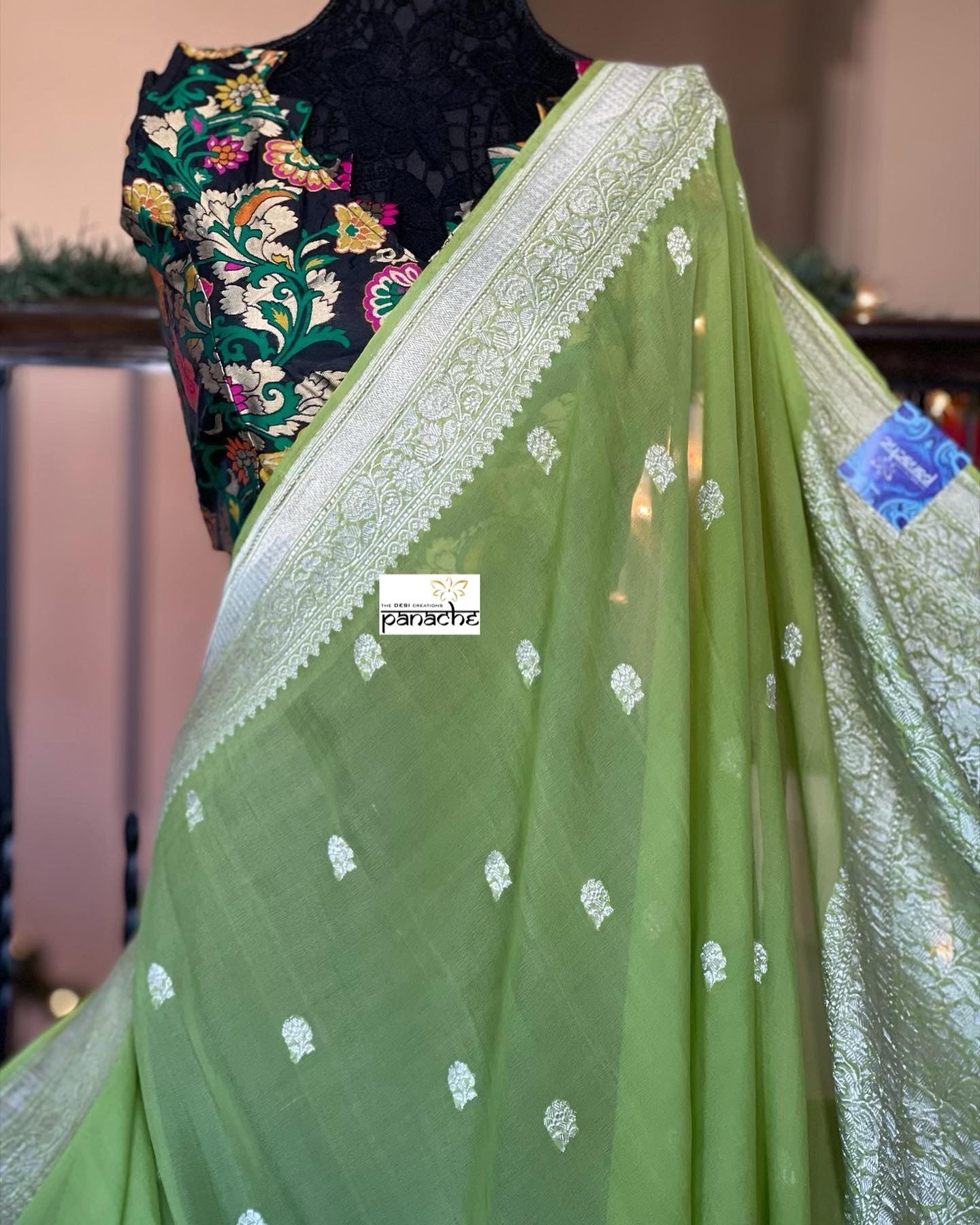 Khaddi Georgette Banarasi - Lime Green Khadhua Woven