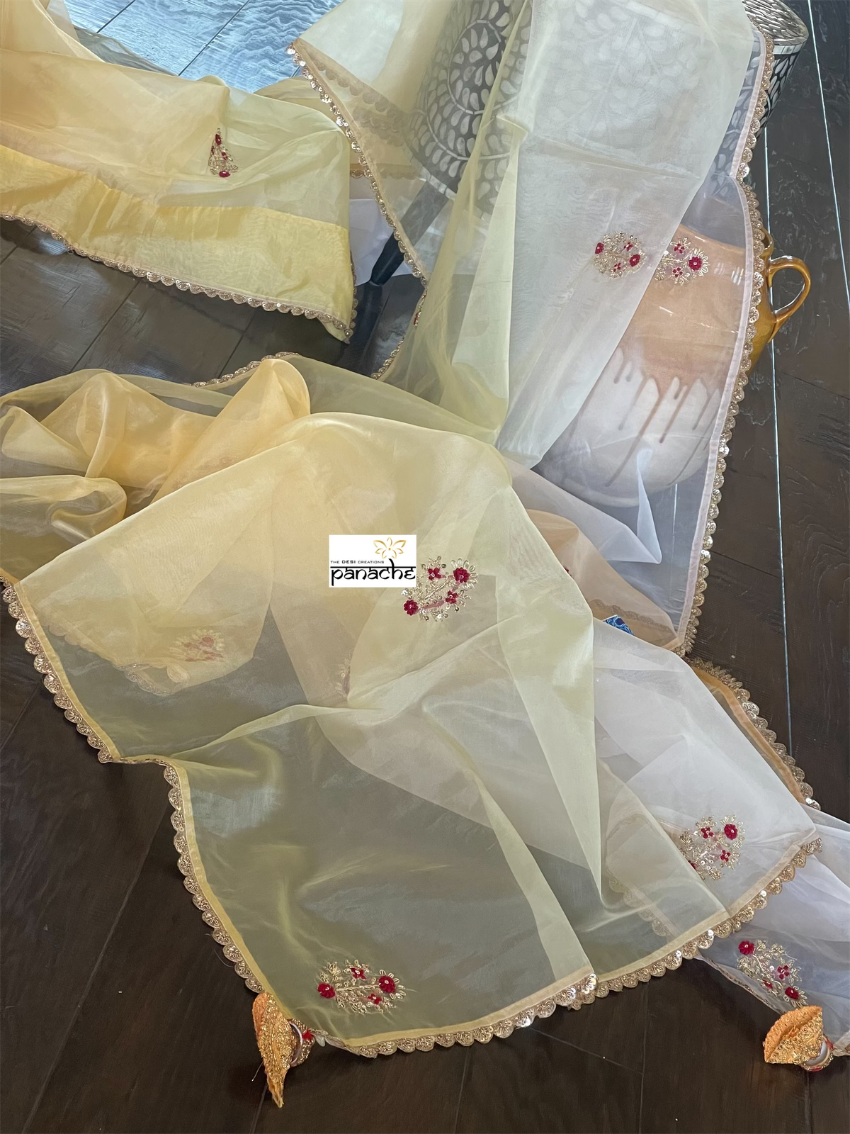 Designer Organza - Lemon Yellow mukaish Embroidered
