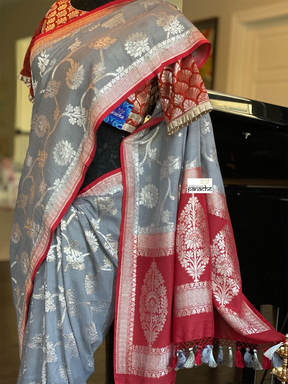 Muga Silk Banarasi - Grey Red Silver Zari
