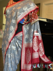 Muga Silk Banarasi - Grey Red Silver Zari