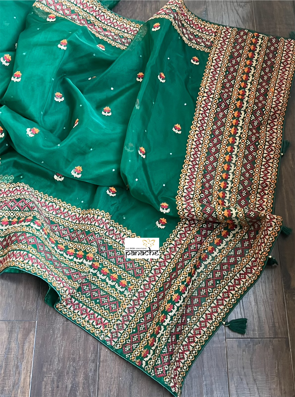 Designer Organza - Green Gujarati Stitch