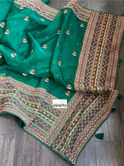 Designer Organza - Green Gujarati Stitch