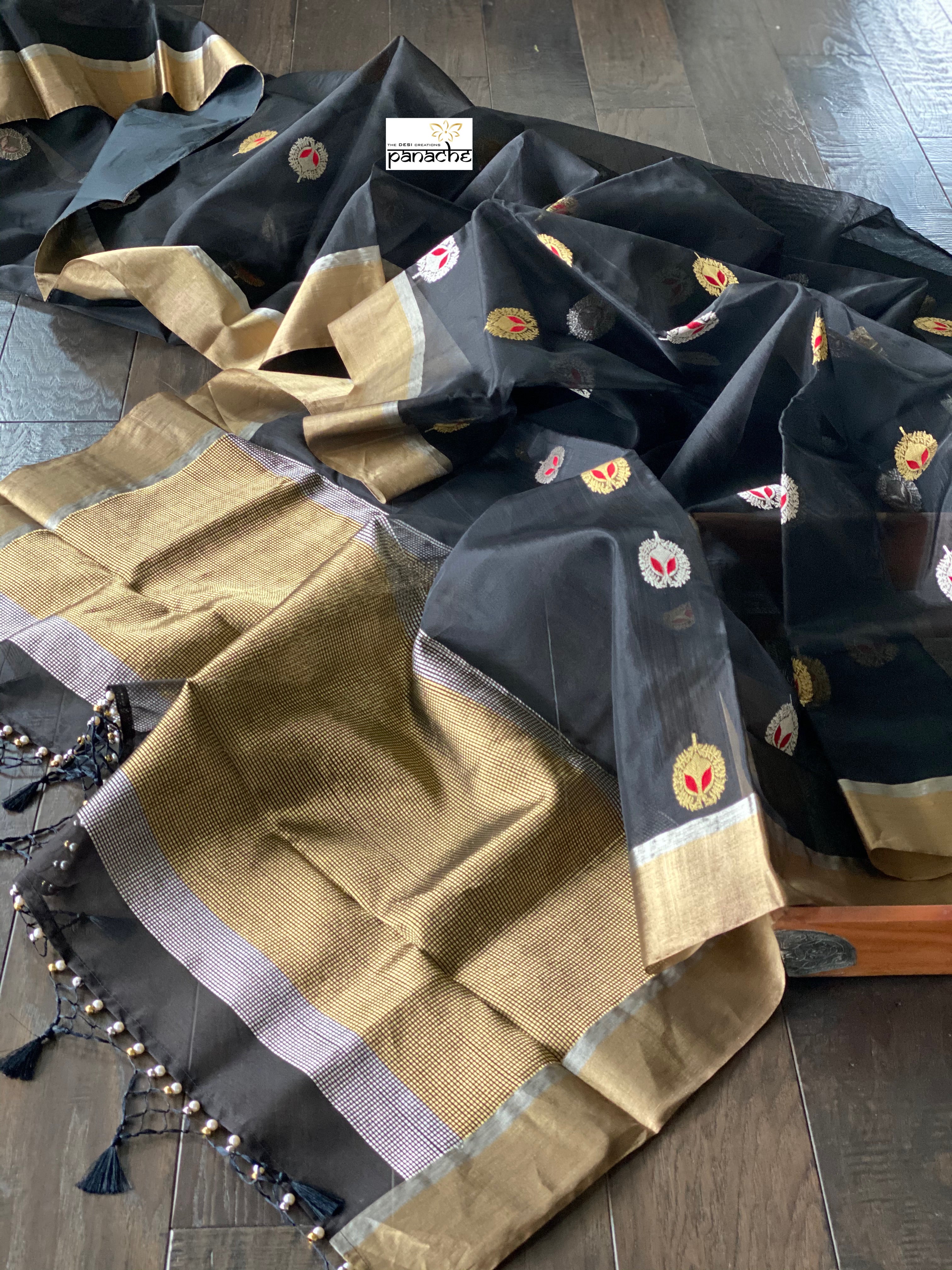 Pure Chanderi Katan Silk - Black Meenakari