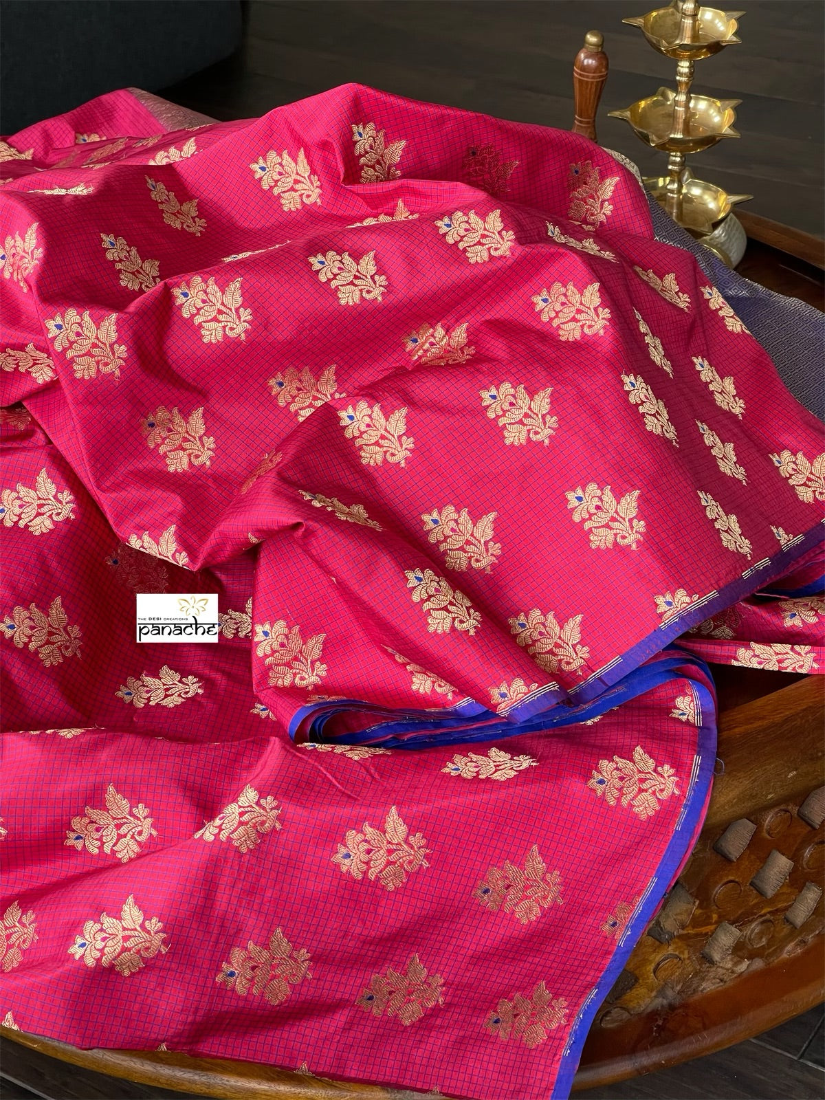 Pure Katan Silk Checkered Banarasi - Pink Royal Blue woven