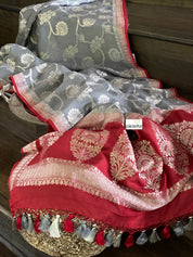 Muga Silk Banarasi - Grey Red Silver Zari