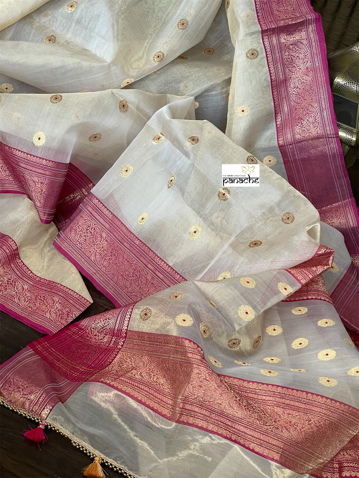 Tissue Chanderi Silk - Golden Beige Magenta Meenakari