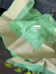 Organza Silk Banarsi - Green Zari Checkered Kadwa