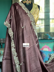 Designer Tussar Silk - Dark Coffee Brown Hand Embroidered