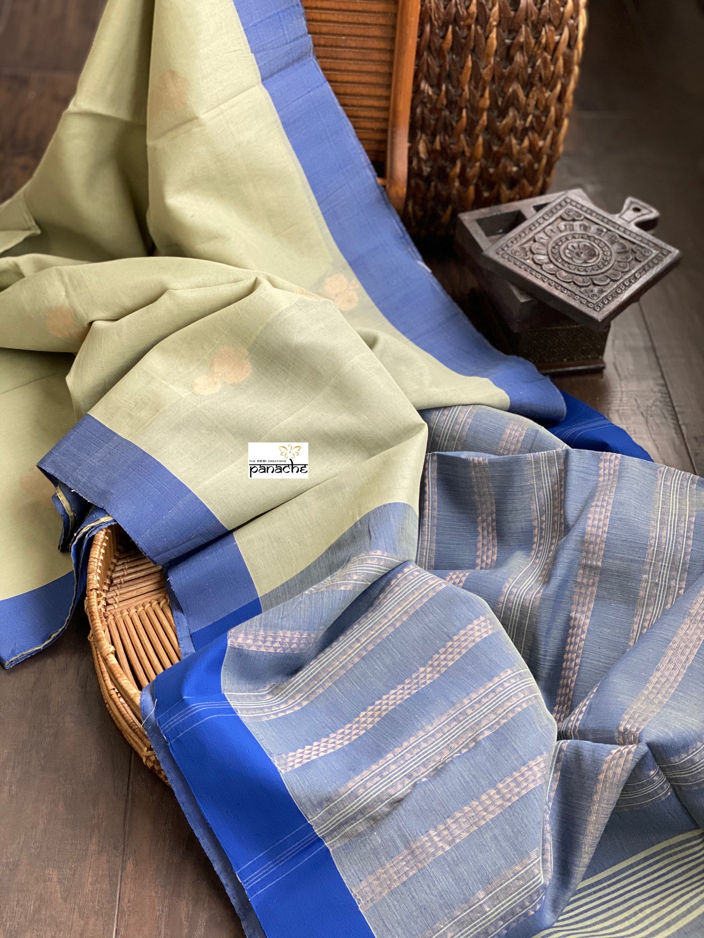 Pure Khadi Cotton Handloom - Pista Green Blue Woven