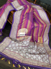 Pure Malmal Cotton Banarasi - Purple Striped Kadwa Zari Woven
