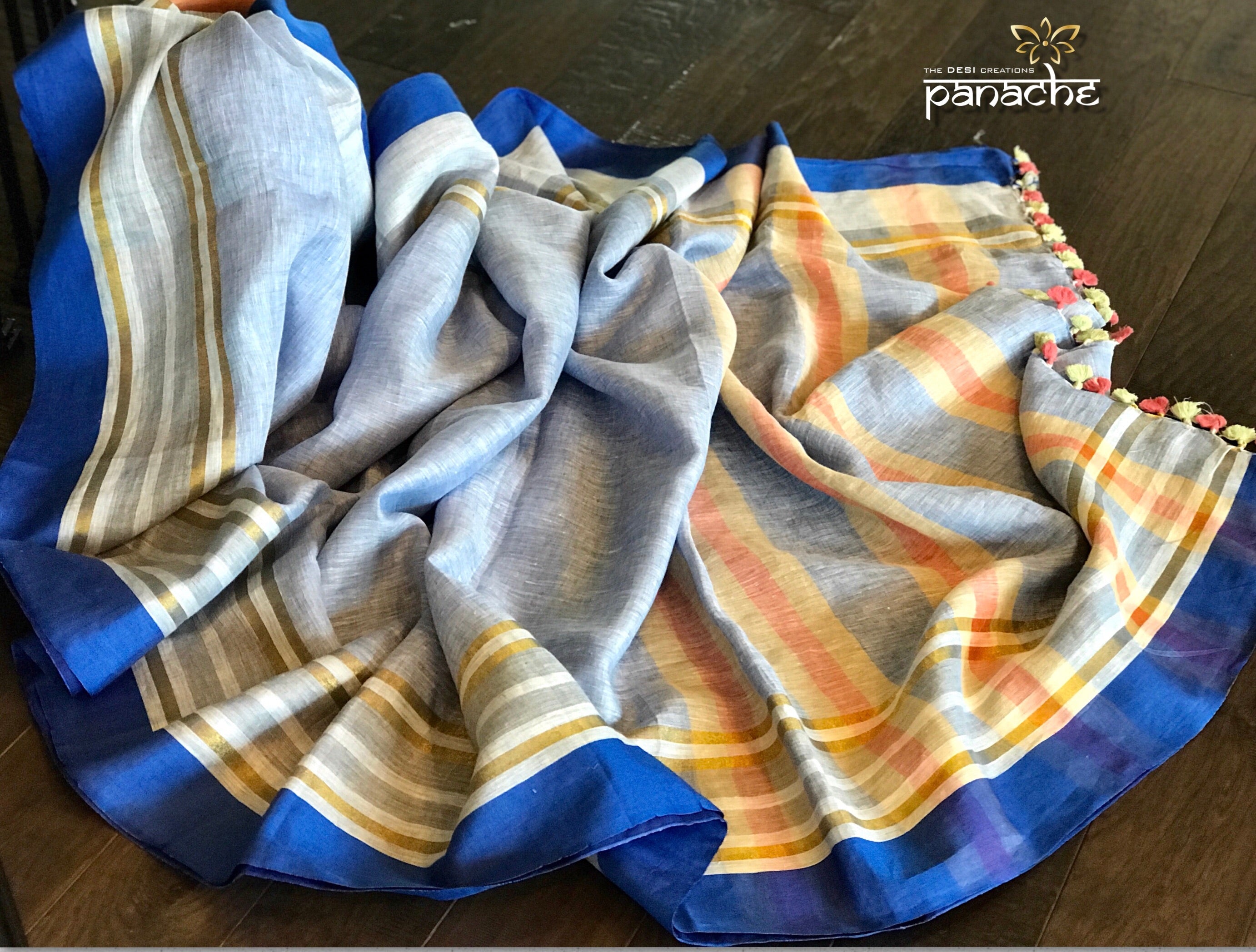 Linen Handloom - Light Blue Striped Border