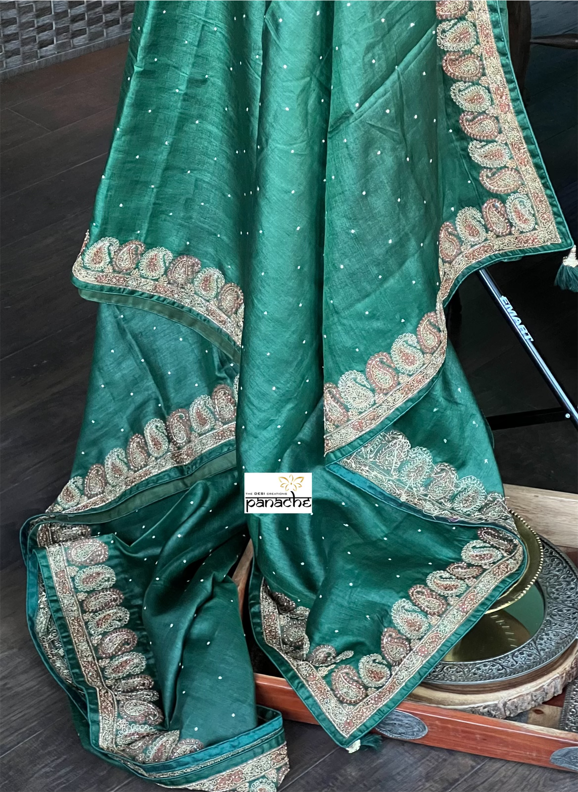 Pure Tussar Silk - Dark Green Embroidered
