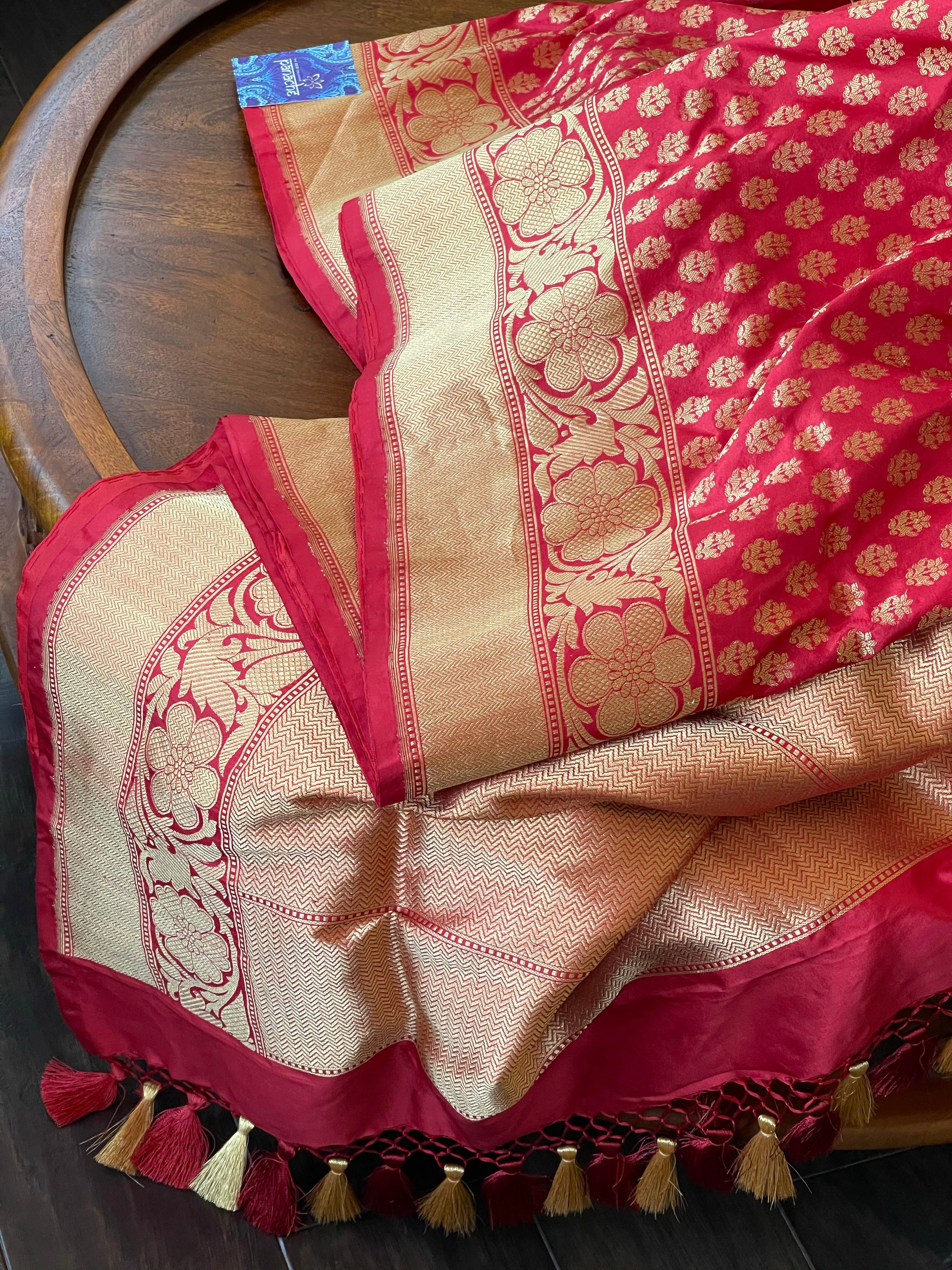 Pure Silk Banarasi - Red Buttidaar Antique Golden Zari