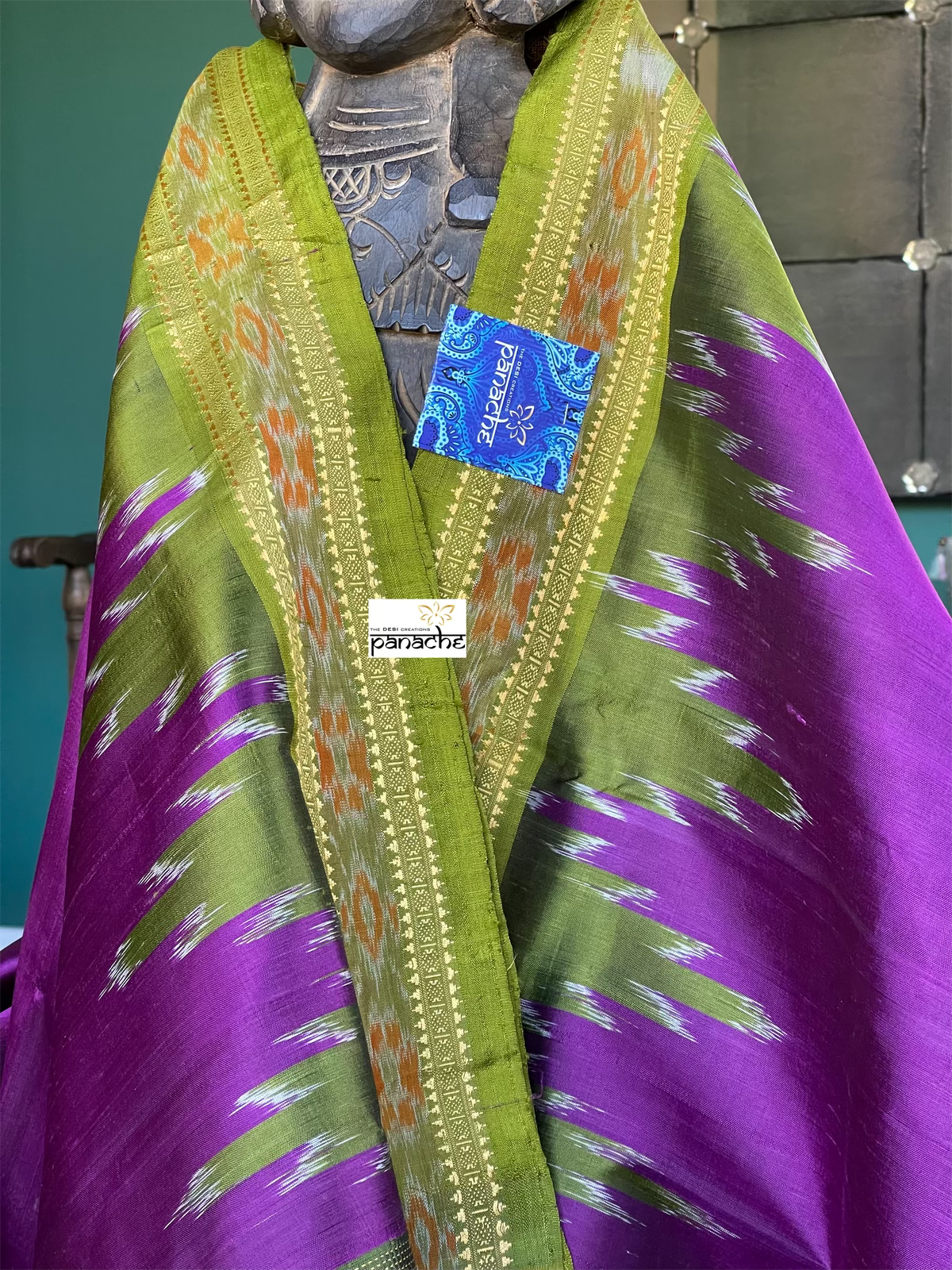 Pure Sambalpuri Silk - Green Purple Temple Border
