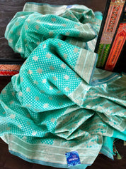 Silk Cotton Jamdaani Kora Banarasi - Sea Green Zari woven