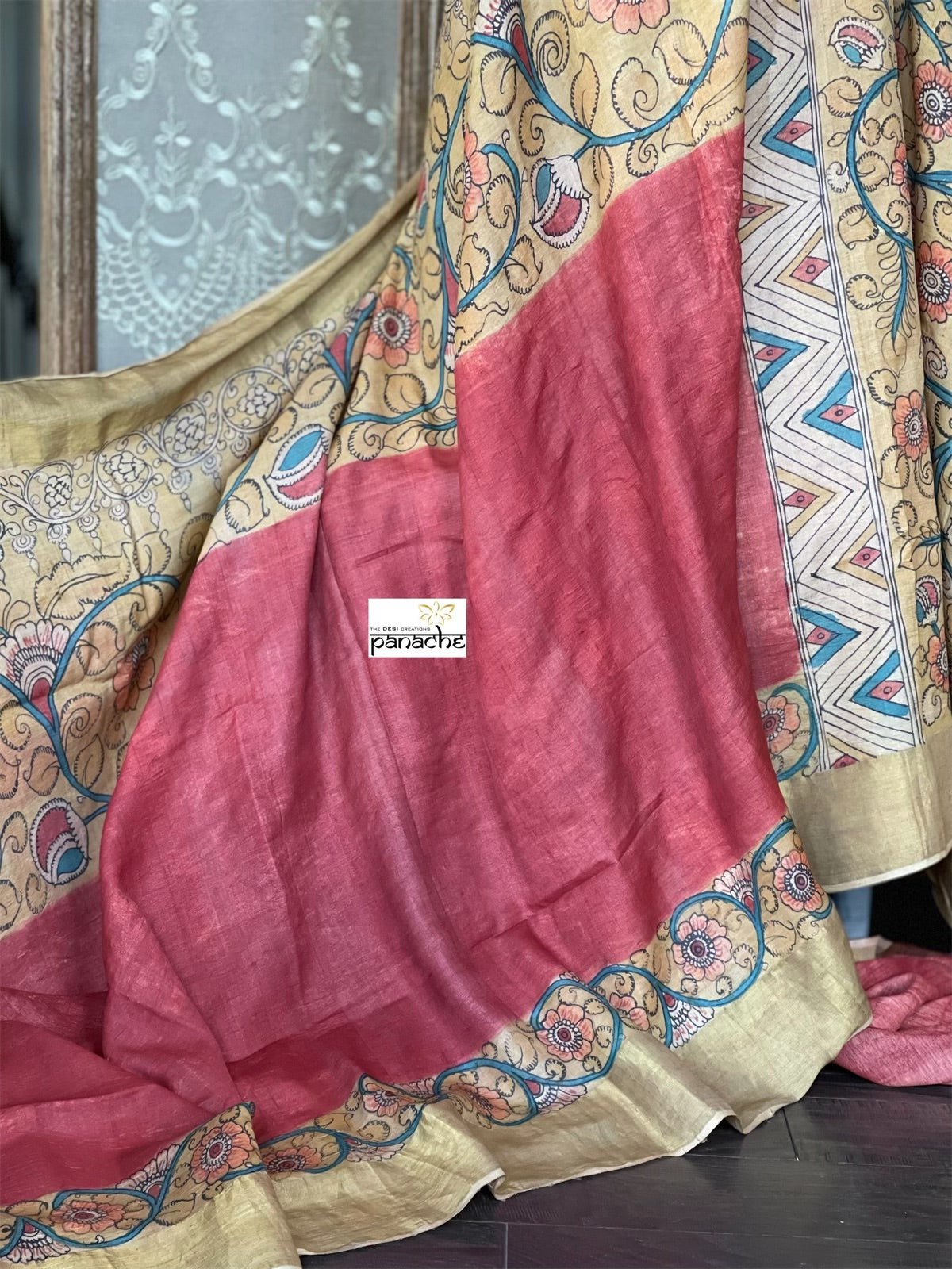Pen Kalamkari Tussar Silk - Hand-painted Brick Red