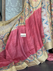 Pen Kalamkari Tussar Silk - Hand-painted Brick Red