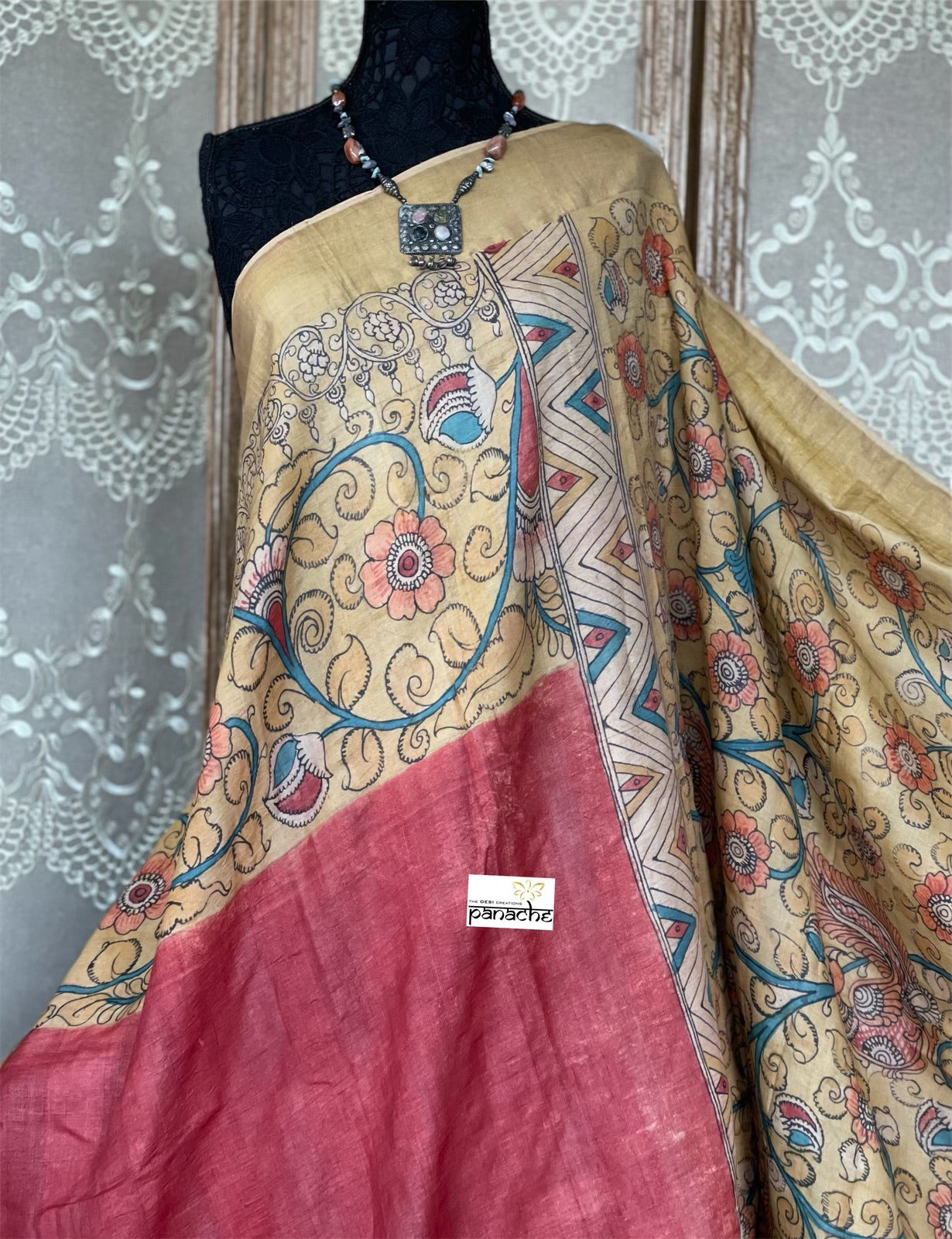 Pen Kalamkari Tussar Silk - Hand-painted Brick Red