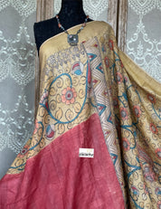 Pen Kalamkari Tussar Silk - Hand-painted Brick Red
