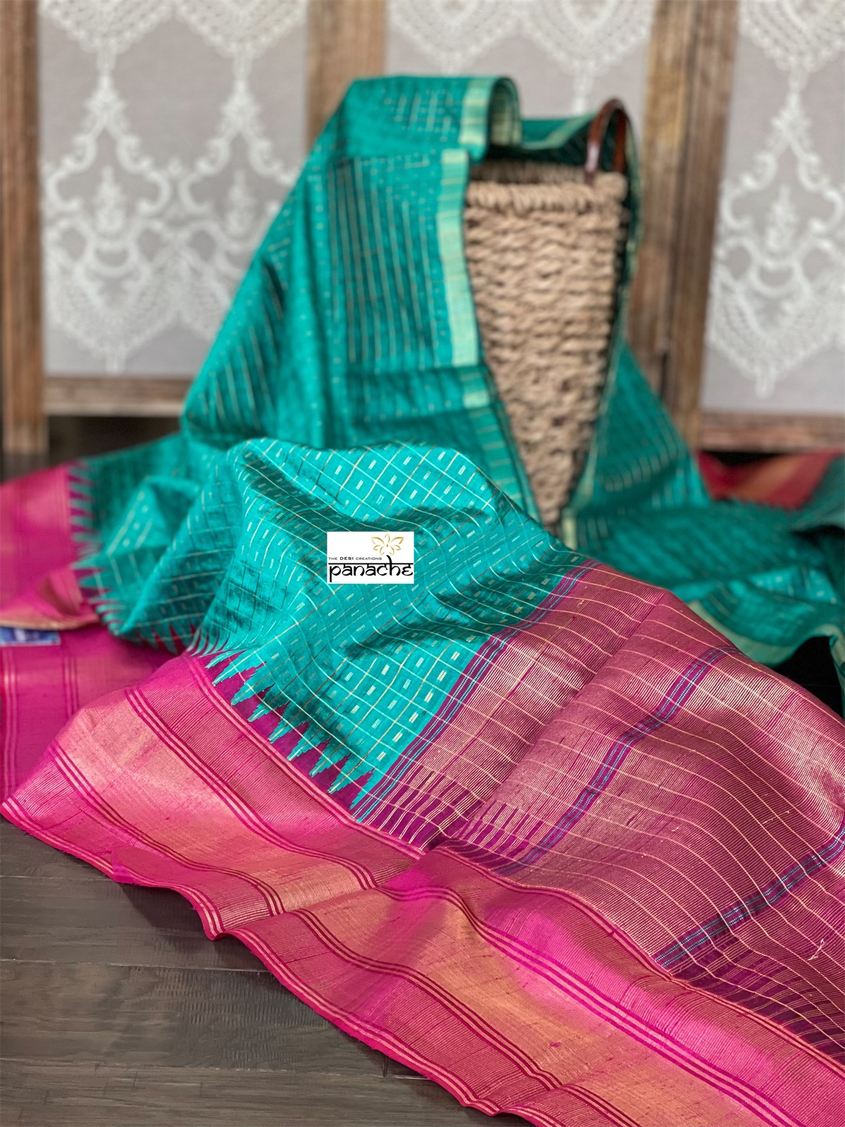 Pure Raw Silk - Sea Green Magenta Checkered