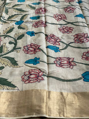 Pen Kalamkari Tussar Silk - Hand-painted Beige Green