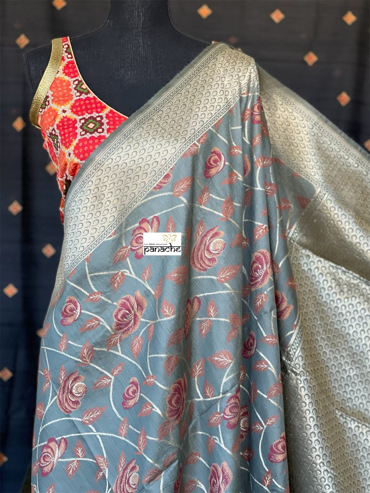 Muga Silk Banarasi - Grey Maroon Golden Zari