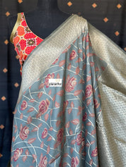 Muga Silk Banarasi - Grey Maroon Golden Zari