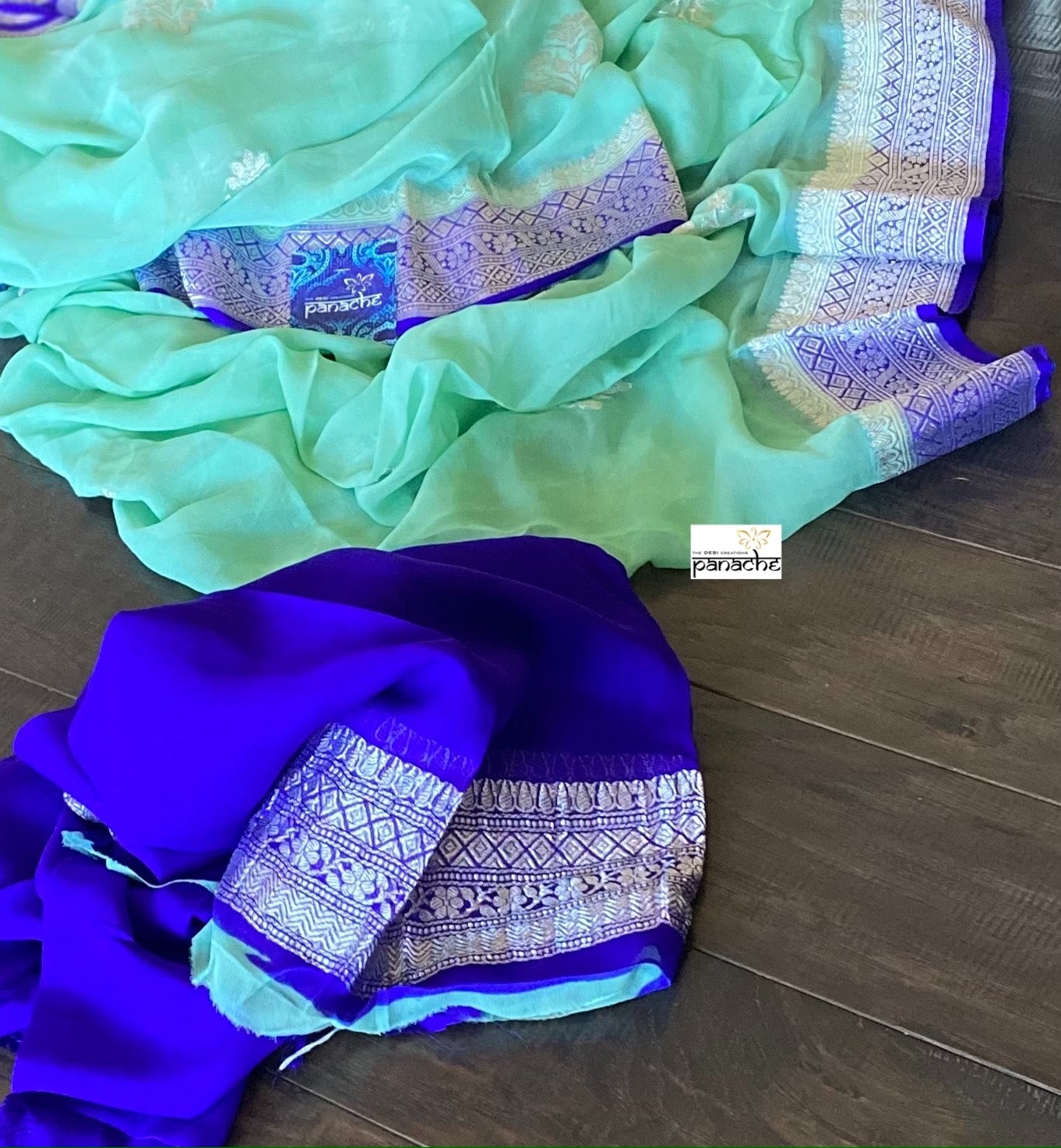 Chiffon Georgette Silk Banarasi - Mint Green Purplish blue