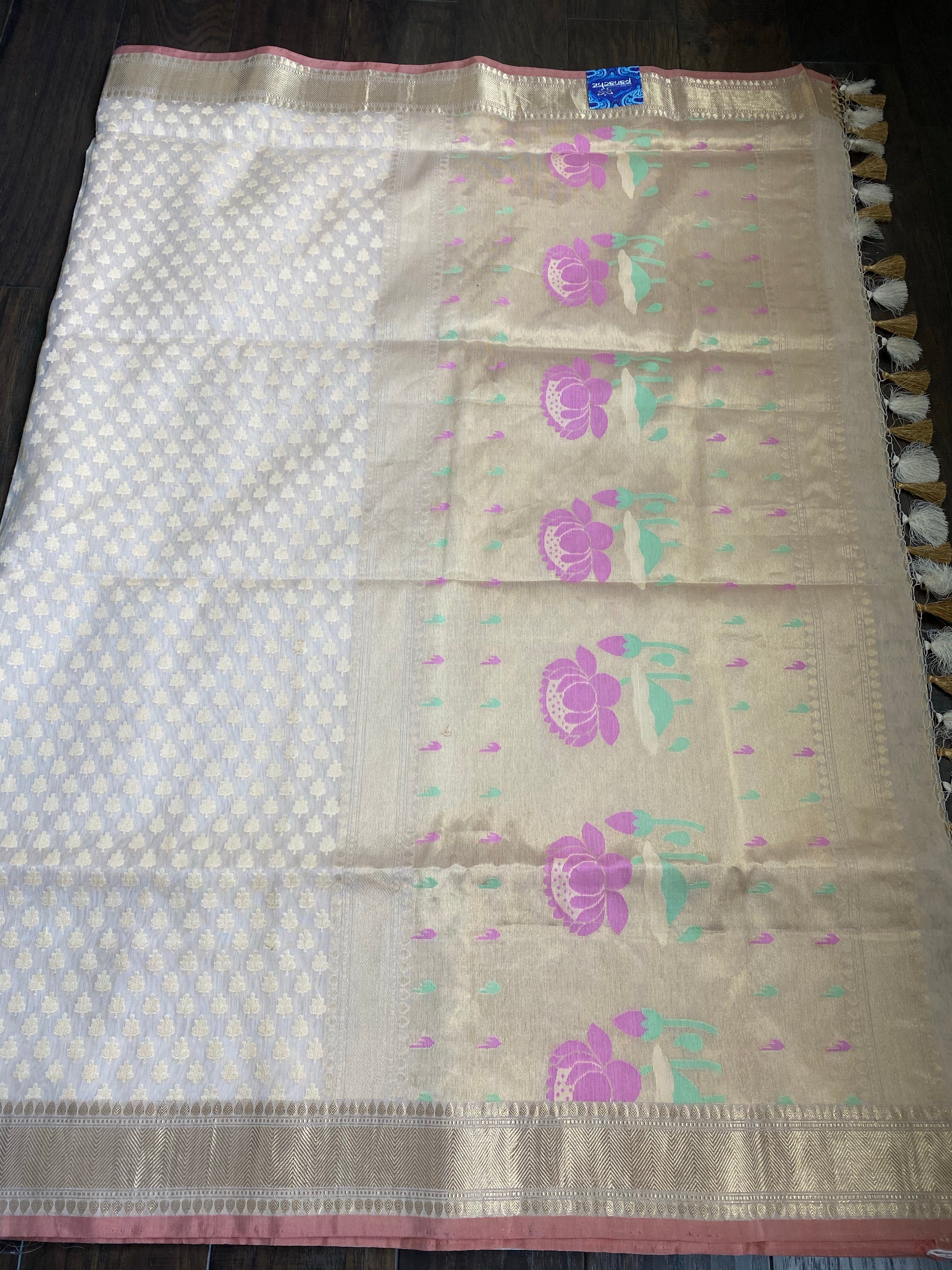 Silk Cotton Kora Banarasi - Cream Paithani Pallu