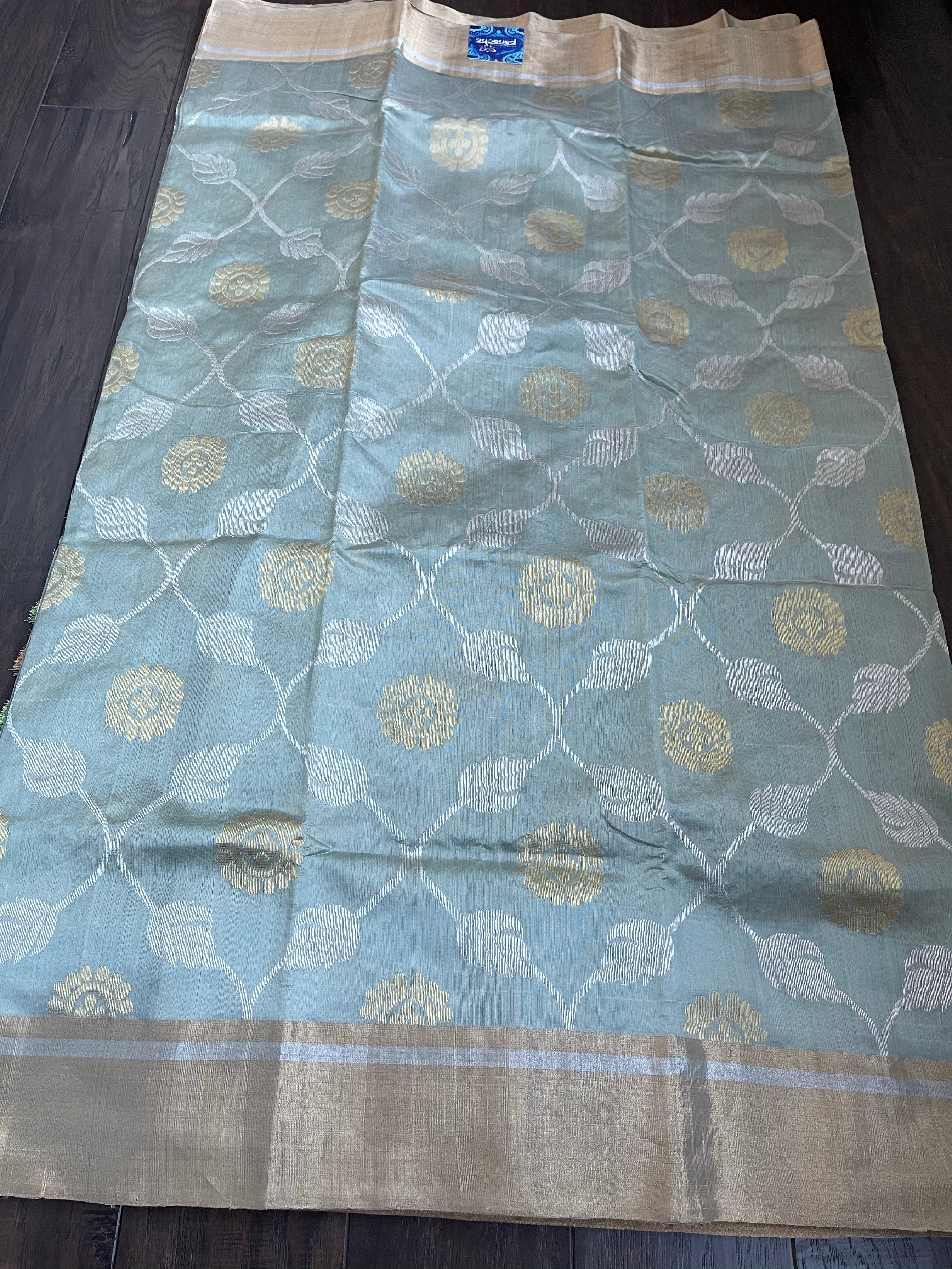 Pure Chanderi Patti Silk - Metallic Sea Green Jaal woven