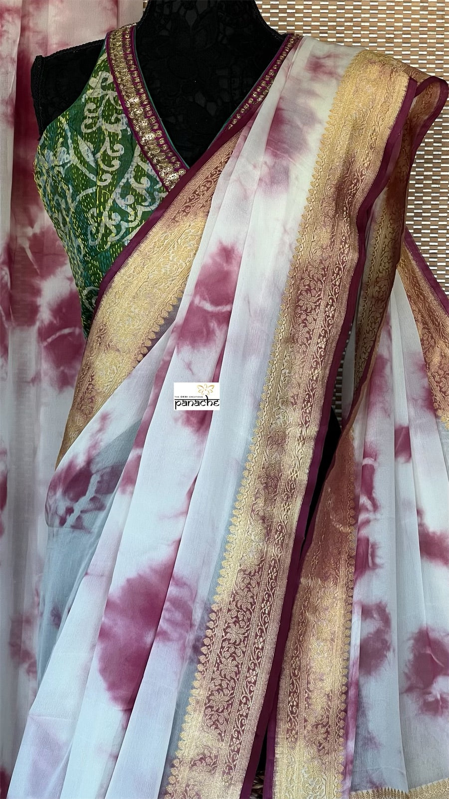 Khaddi Georgette Banarasi - Off-White Wine Purple Tie-dye Khadhua Woven