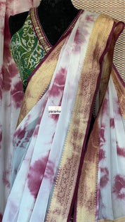 Khaddi Georgette Banarasi - Off-White Wine Purple Tie-dye Khadhua Woven