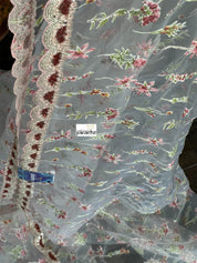 Designer Organza - Off-white Maroon Hand embroidered