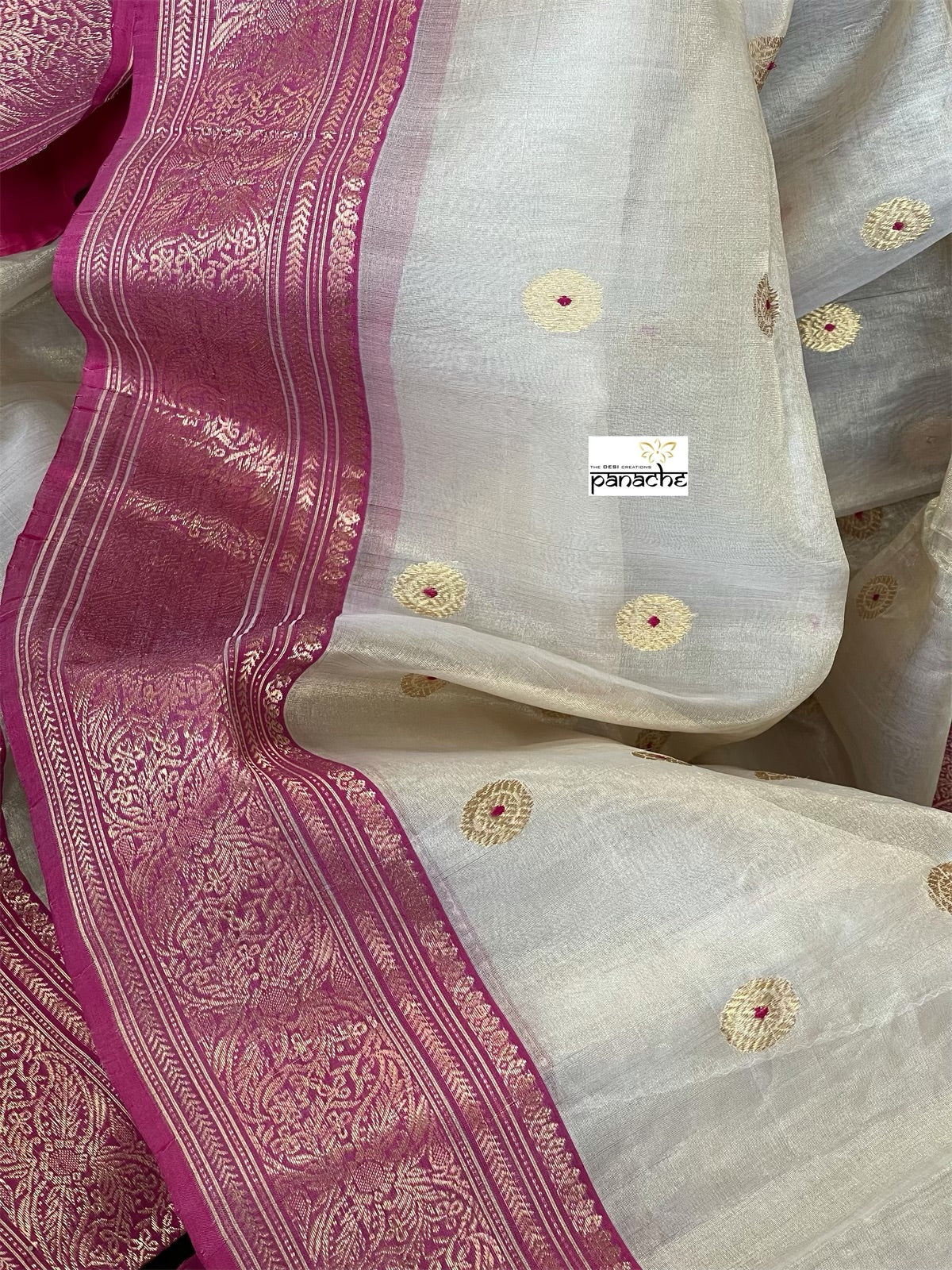 Tissue Chanderi Silk - Golden Beige Magenta Meenakari