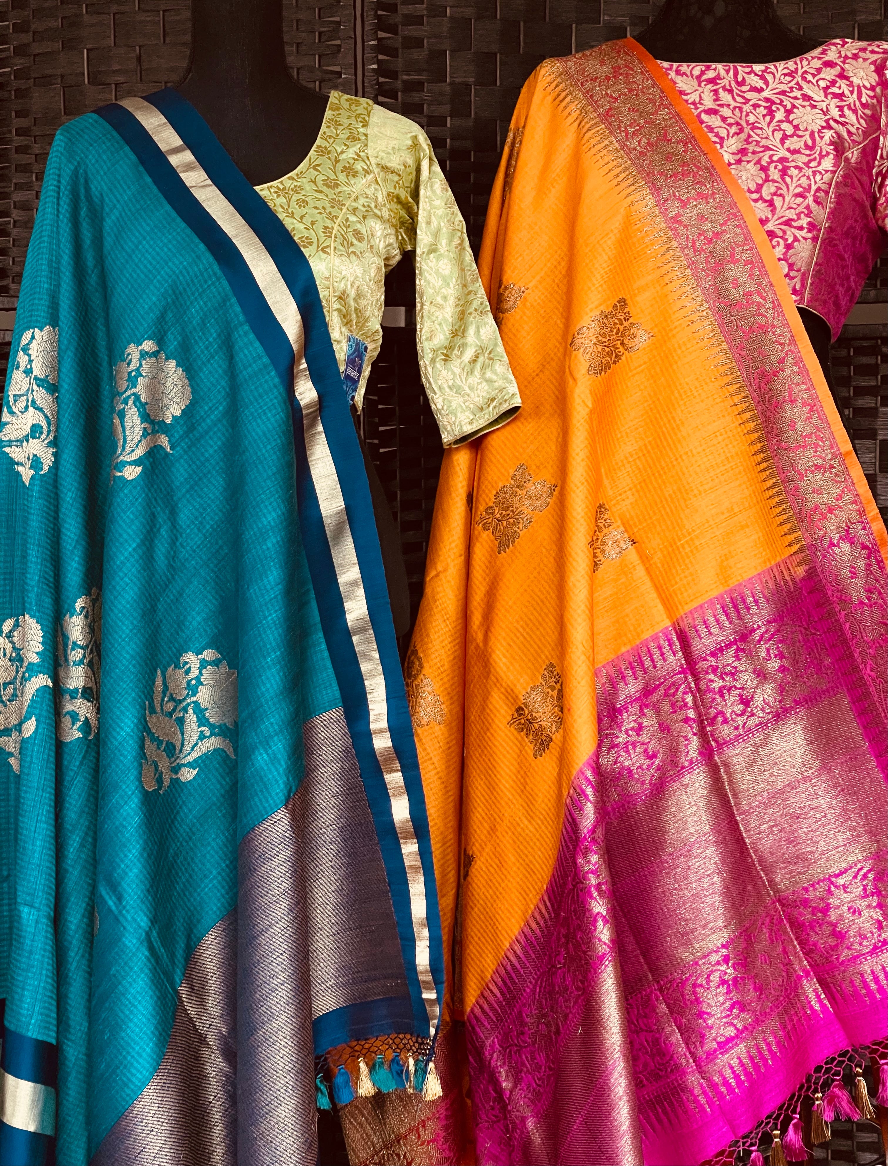 Tussar Silk Banarsi - Orange Magenta