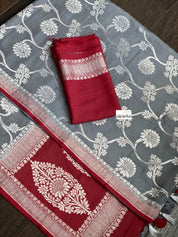 Muga Silk Banarasi - Grey Red Silver Zari