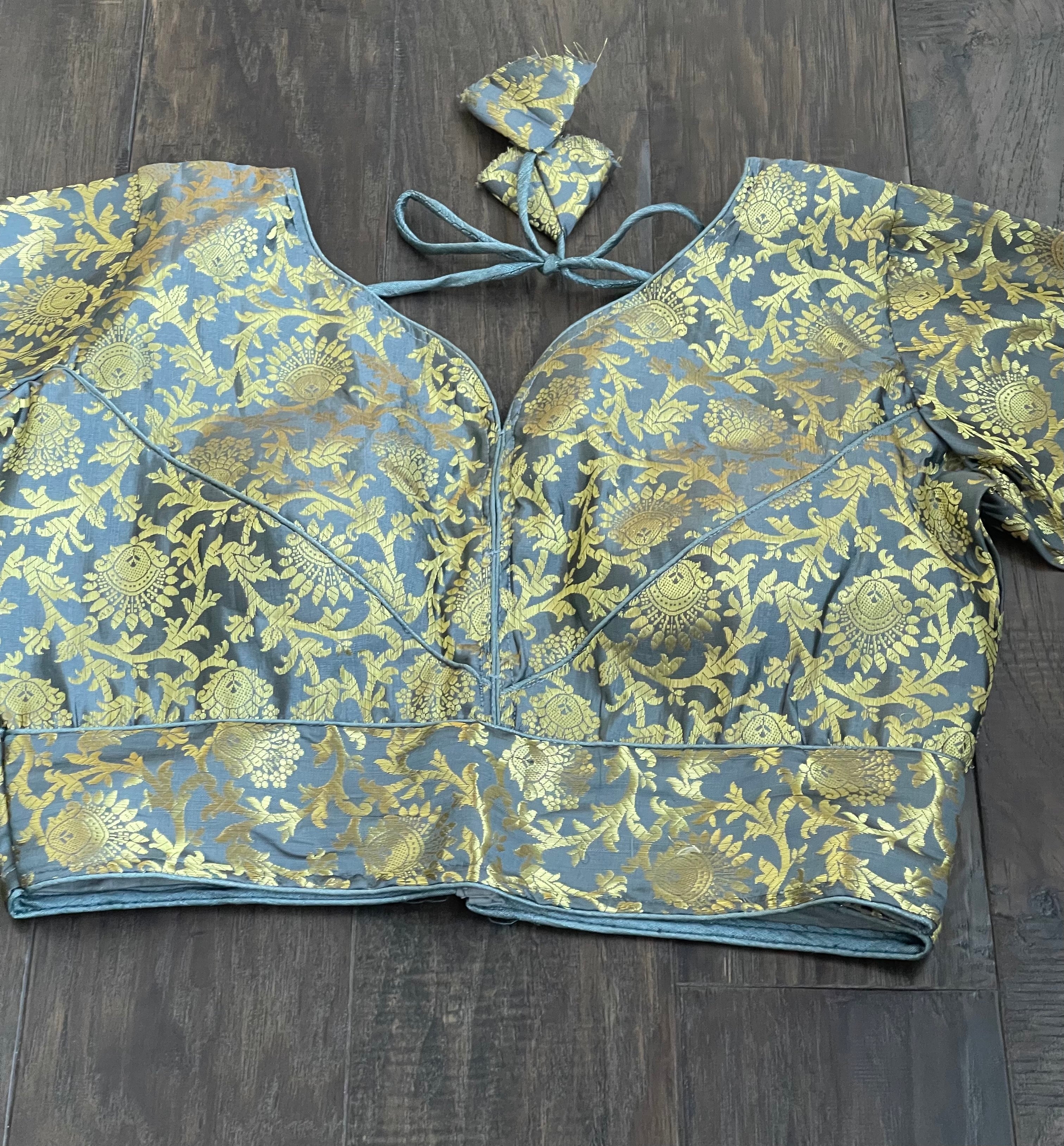 Designer Blouse - Blue Grey Brocade Full Sleeve