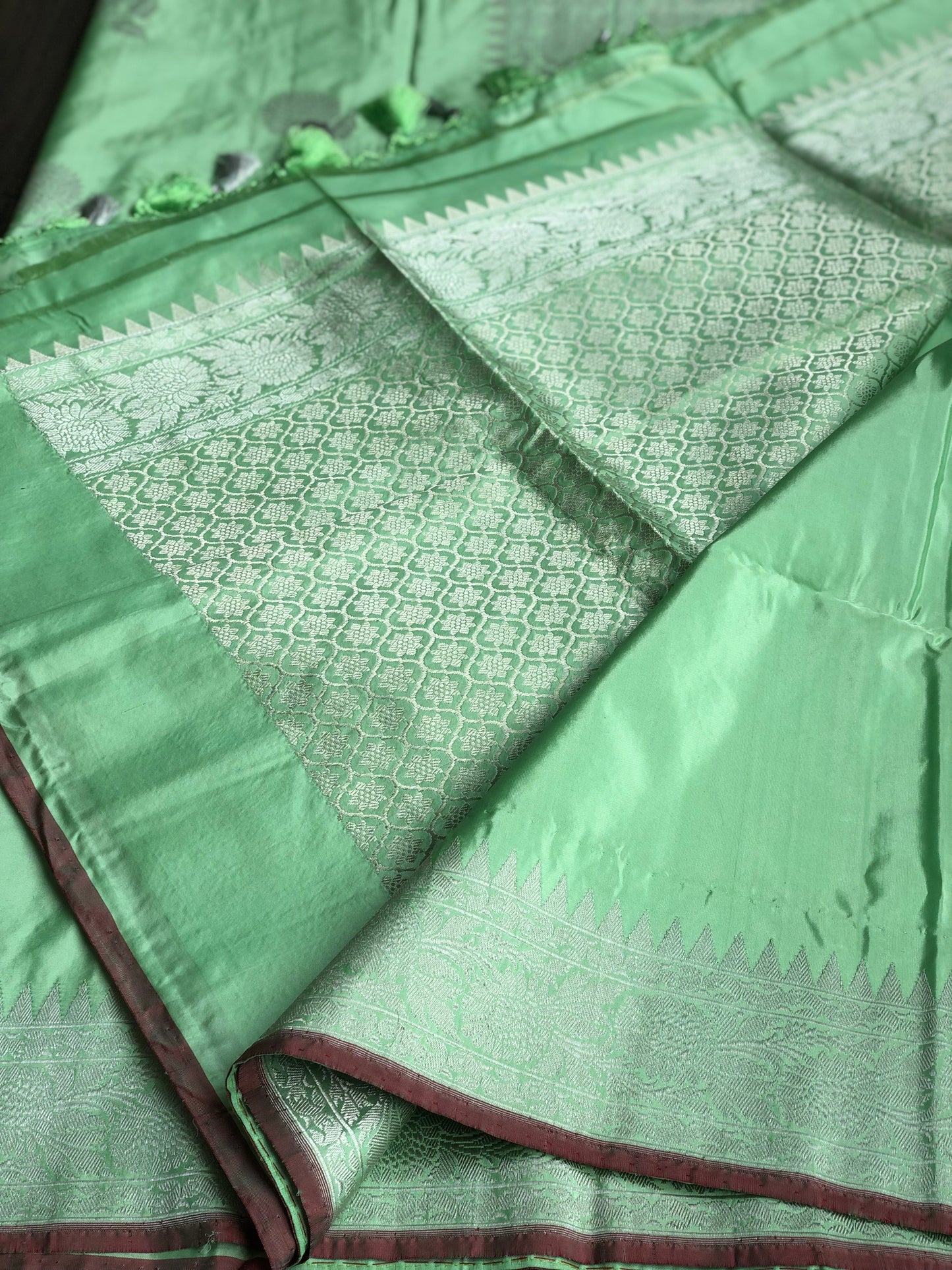Katan Silk Banarasi - Mint Green Khadwa Silver Zari Woven