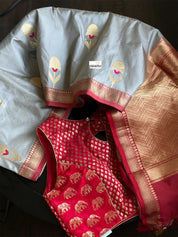 Katan Silk Banarasi - Grey Red Meenakari