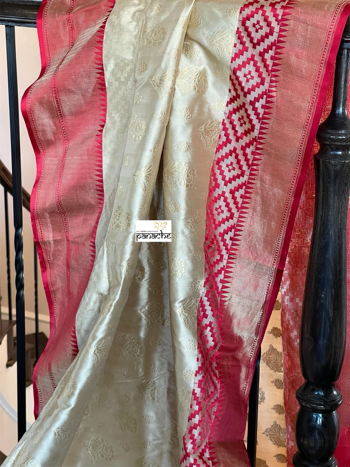 Pure Katan Silk Banarasi - Golden Beige Red Kadwa woven